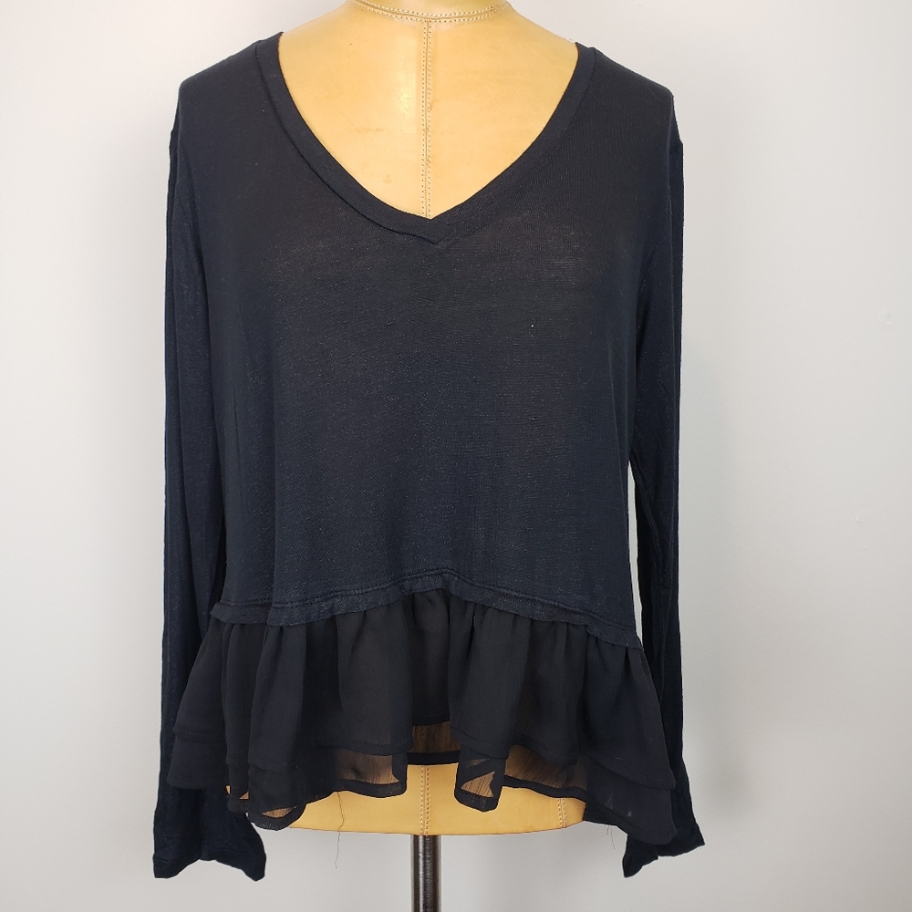 New Black Knit/Chiffon Ruffled Top Size Large